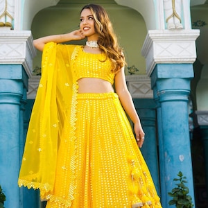 Embroidered Georgette Lehenga in Yellow, perfect for Haldi ceremony and wedding parties.