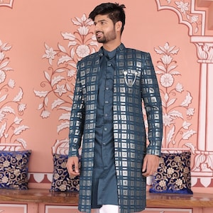 Embroidered Georgette Sherwani in Teal Blue