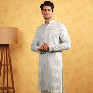Embroidered Georgette Kurta Set in Light Grey