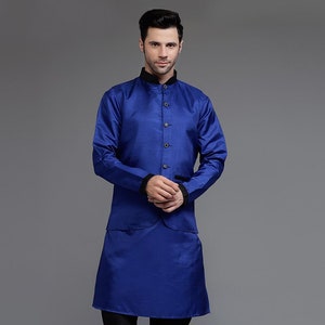 Woven Art Silk Kurta & Dupion Silk Nehru Jacket Set in Navy Blue Color