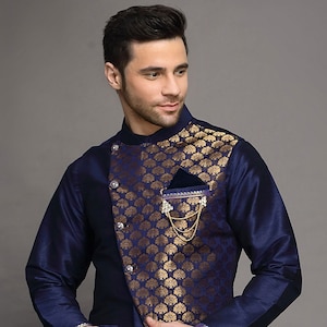 Brocade Nehru Jacket in Navy Blue
