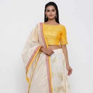 Golden Printed Kota Silk Lehenga in Off White