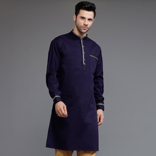 Embroidered Trim Poly Cotton Kurta Set in Navy Blue Color