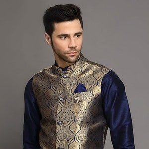 Brocade Nehru Jacket in Navy Blue