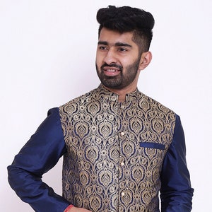Woven Pure Banarasi Brocade Nehru Jacket in Navy Blue and Beige
