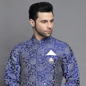 Block Printed Art Silk Nehru Jacket in Royal Blue
