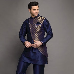 Brocade Art Silk Kurta Jacket Set in Navy Blue