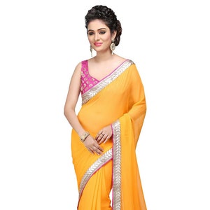 Patch Border Georgette Saree in Mustard