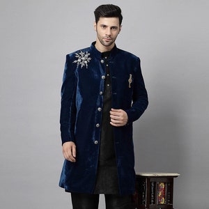 Embroidered Velvet Sherwani Set in Teal Blue and Black