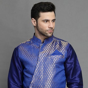 Brocade Nehru Jacket in Royal Blue