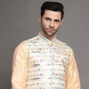 Embroidered Art Silk Nehru Jacket in Light Beige