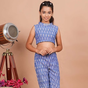 Ikat Printed Cotton Co-Ord Set in Light Blue