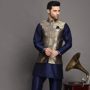 Brocade Art Silk Kurta Jacket Set in Navy Blue - Etsy