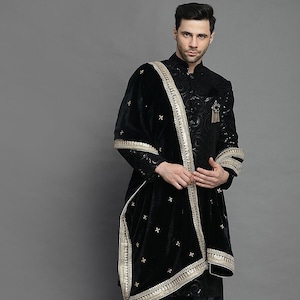 Angad bedi in Black velvet sherwani with tuape black stole main image 0