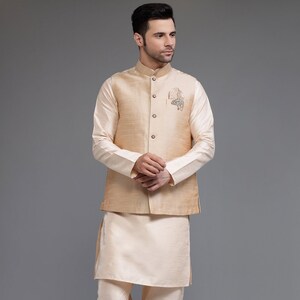 Solid Art Silk Kurta Set with Nehru Jacket in Light Beige and Beige Color