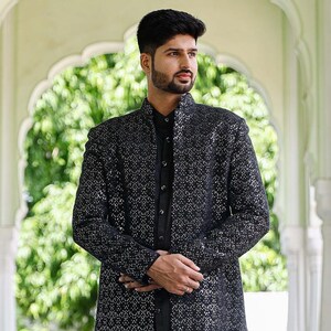 Embroidered Georgette Jacket in Navy Blue