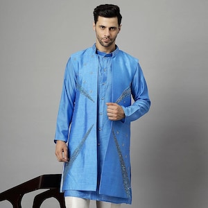 Dupion Silk Kurta Set with Hand Embroidered Long Jacket