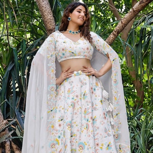 Embroidered Georgette Lehenga in White