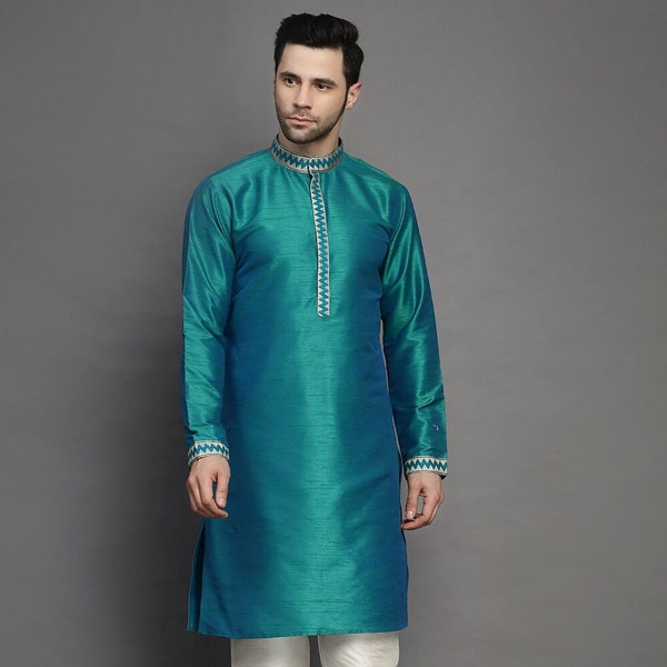 Contrast Trim Art Silk Kurta Set in Teal Blue