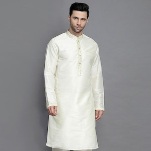 Brocade Collar Art Silk Kurta Set in Cream