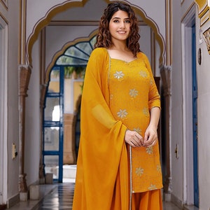 Embroidered Georgette Pakistani Suit in Mustard