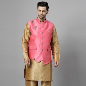 Art Silk Kurta Set with Asymmetric Hand Embroidered Dupion Silk Nehru Jacket in Pink