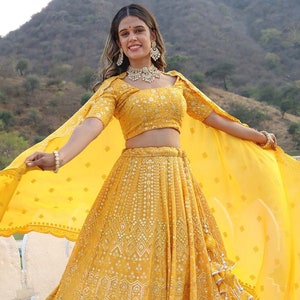 Embroidered Georgette Lehenga in Mustard,Flaunt at Haldi ceremony and wedding parties
