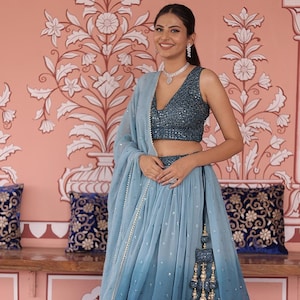 Embroidered Georgette Lehenga in Shaded Blue