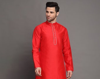 Contrast Trim Art Silk Kurta Set in Red