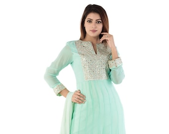 Gota Patti Georgette Abaya Style Suit in Sea Green