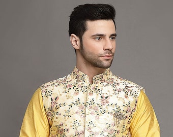 Embroidered Art Silk Nehru Jacket in Cream