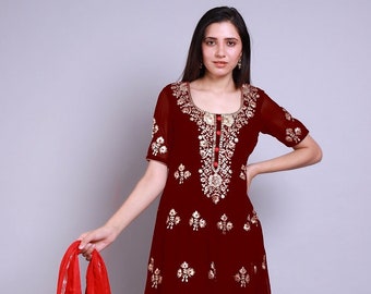 Embroidered georgette abaya style suit in maroon hot sale