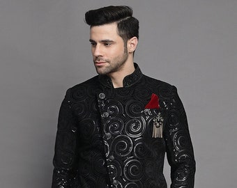 Embroidered Velvet Sherwani in Black