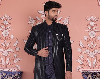 Embroidered Velvet Sherwani in Navy Blue