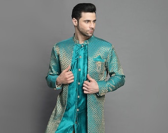 Brocade Layered Sherwani in Teal Blue