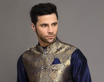 Brocade Nehru Jacket in Navy Blue