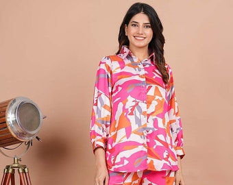 Printed Modal Satin Co Ord Set in Multicolor