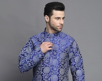 Block Printed Art Silk Kurta in Royal Blue
