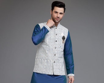 Digital Printed Cotton Silk Kurta Set in Blue and Off White