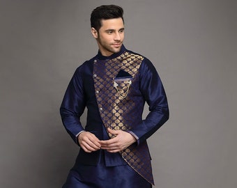 Brocade Art Silk Kurta Jacket Set in Navy Blue