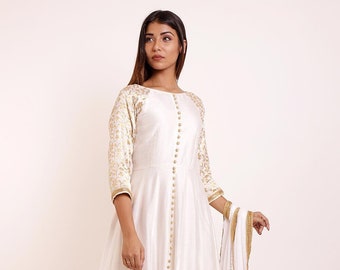 Woven Cotton Silk Anarkali Suit in Off White