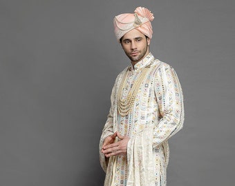 Embroidered Art Silk Sherwani in Off White