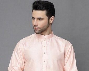 Solid Color Art Silk Kurta in Peach