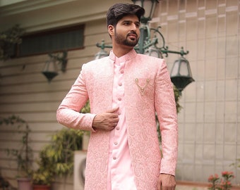 Embroidered Georgette Sherwani in Pink