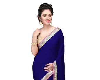 Sari Georgette con borde bordado en azul real