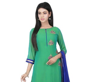 May include: A green and blue long-sleeved dress with gold and blue embroidery. The dress has a blue dupatta with a gold border.