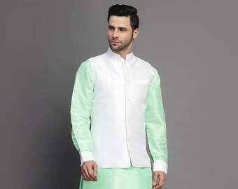 Solid Color Art Silk Kurta Jacket Set in Sea Green