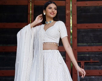 Embroidered Georgette Lehenga in White