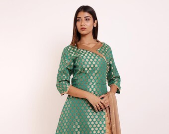 Woven Chanderi Silk Abaya Style Suit in Teal Green