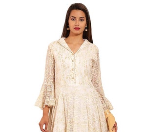 Woven Chantelle Net Abaya Style Suit in Off White